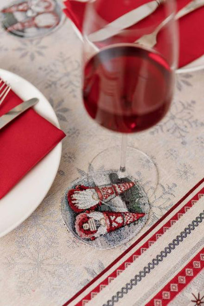 White Christmas Tapestry Tablecloth with Gnomes & Snowy Cottage | Festive Winter Table Decor