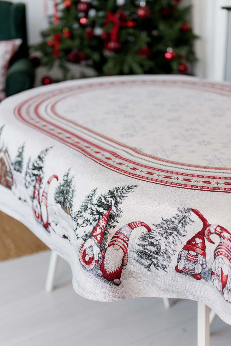 Oval Christmas Tapestry Tablecloth with Gnomes | Festive Holiday Dining Decor