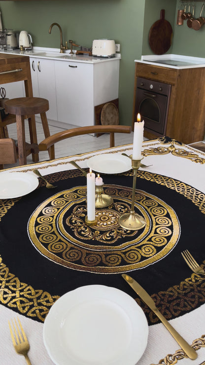 Luxury Baroque Tapestry Tablecloth with Gold Medallion | Elegant Decor for Dining Room or Kitchen