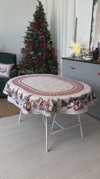 Oval Christmas Tapestry Tablecloth with Gnomes | Festive Holiday Dining Decor