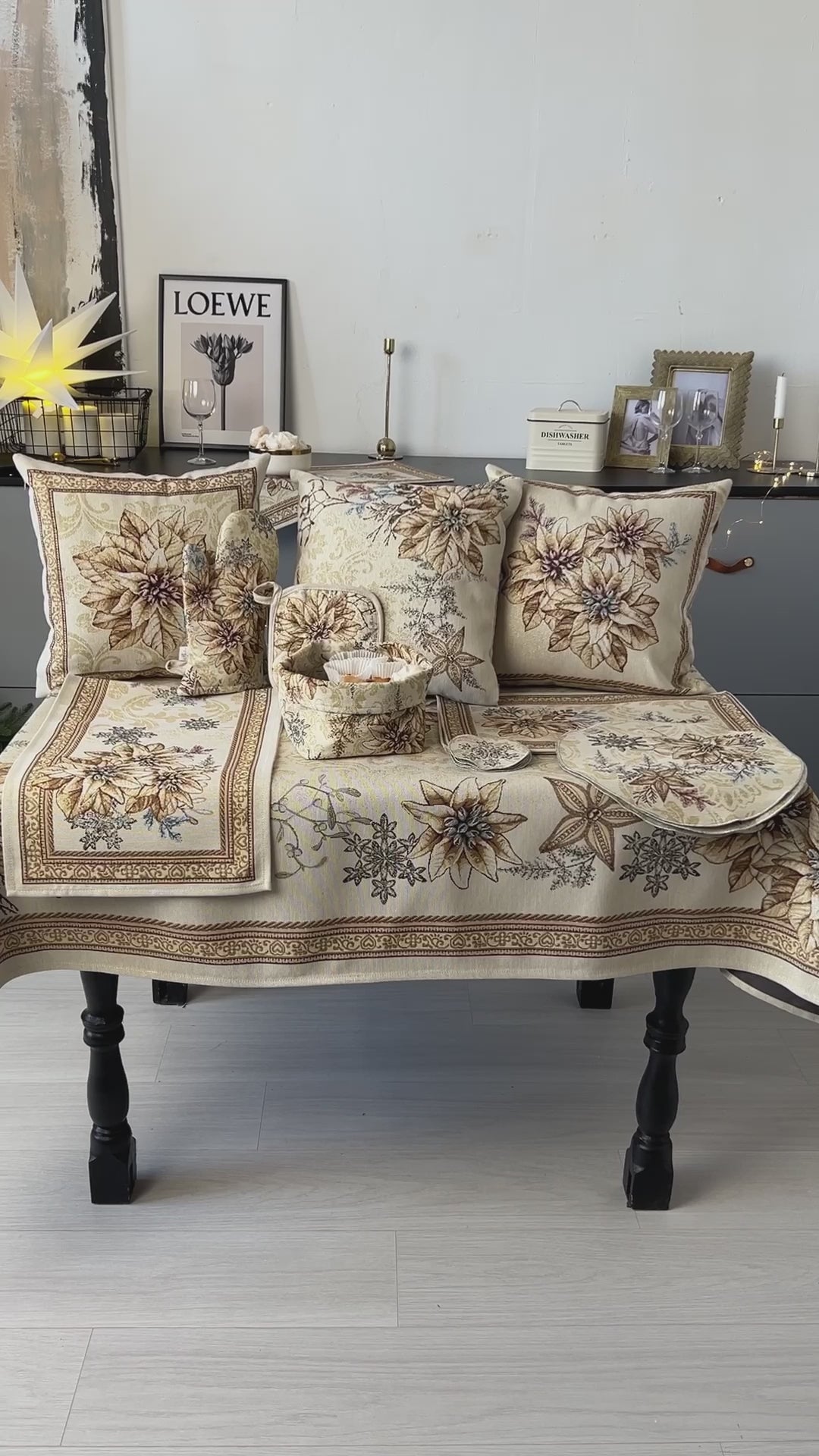 Woven tapestry tablecloth with Christmas poinsettia flower design. Beige and gold. Made in Ukraine.