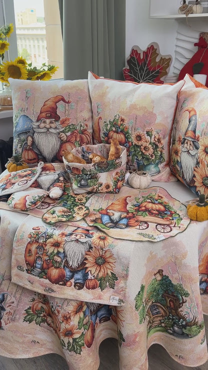 Autumn Gnomes Tapestry Tablecloth | Fall Harvest Table Decor, Halloween Pumpkins Table Cover | Thanksgiving Kitchen Decoration, Gnome Linen