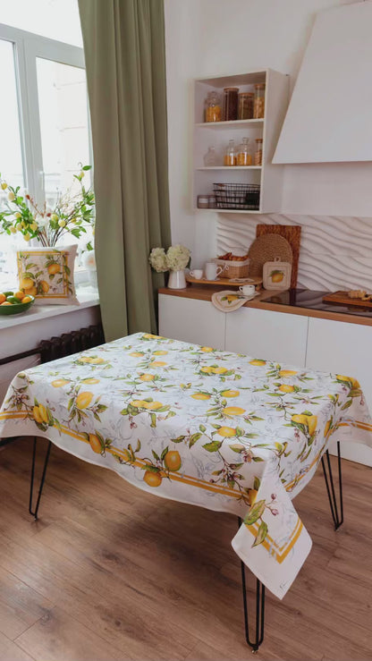 Tapestry Lemon Print Pillowcase | Mediterranean Kitchen Decor, Summer Citrus Table Cover, Yellow Fruit Botanical Linen Look Textile