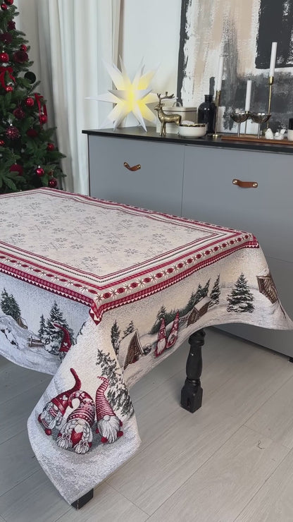 White Christmas Tapestry Tablecloth with Gnomes & Snowy Cottage | Festive Winter Table Decor