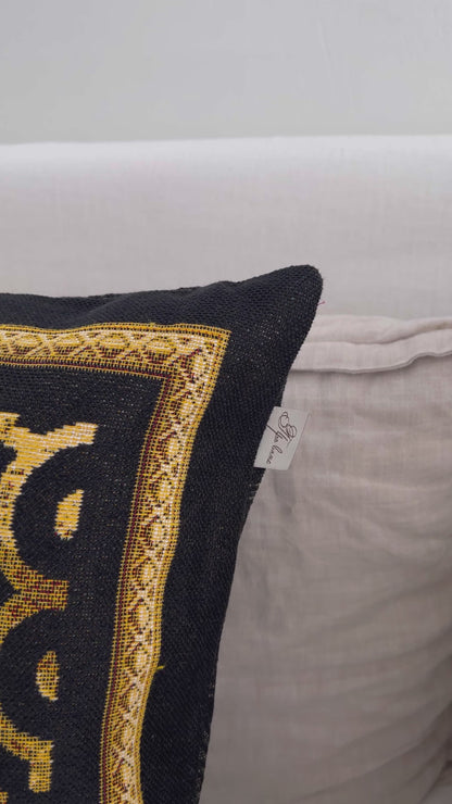 Baroque Style Tapestry Pillowcase With The Head Pattern | Black Cotton Pillow Cover With Gold Baroque Scroll Work Pattern, Luxury Home Decor