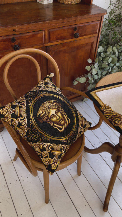 Baroque Gold Tapestry Pillowcase | Black Luxury Pillow Cover | Medusa Head Style Decor