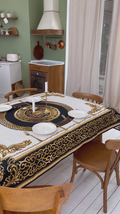 Luxury Baroque Tapestry Tablecloth with Gold Medallion | Elegant Decor for Dining Room or Kitchen