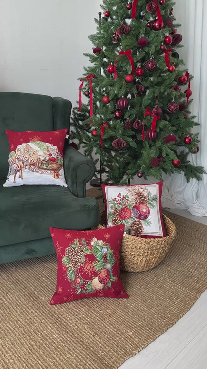 Red Christmas Tapestry Pillowcase – Holiday Wreath with Pinecones & Ornaments