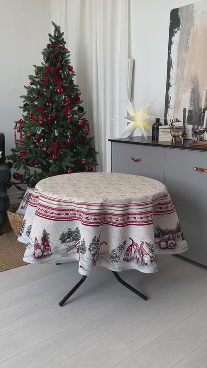 Round White Christmas Tapestry Tablecloth with Gnomes & Snowy Cottage | Festive Holiday Dining Decor