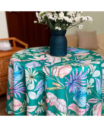 Green Water-Repellent Tablecloth With Exotic Flowers And Leaves Print | Festive Waterproof Kitchen And Living Room Textile, Summer Print