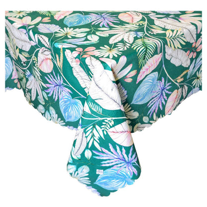 Green Water-Repellent Tablecloth With Exotic Flowers And Leaves Print | Festive Waterproof Kitchen And Living Room Textile, Summer Print