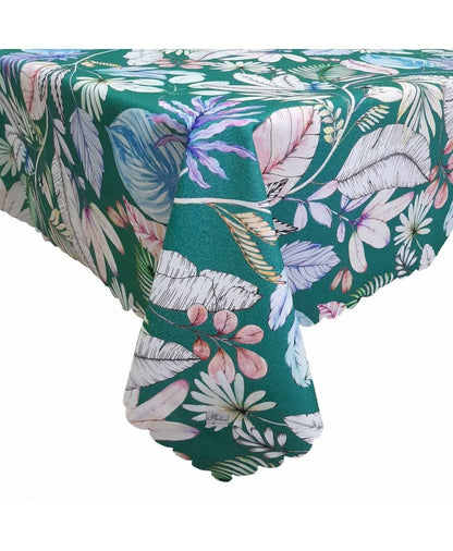 Green Water-Repellent Tablecloth With Exotic Flowers And Leaves Print | Festive Waterproof Kitchen And Living Room Textile, Summer Print