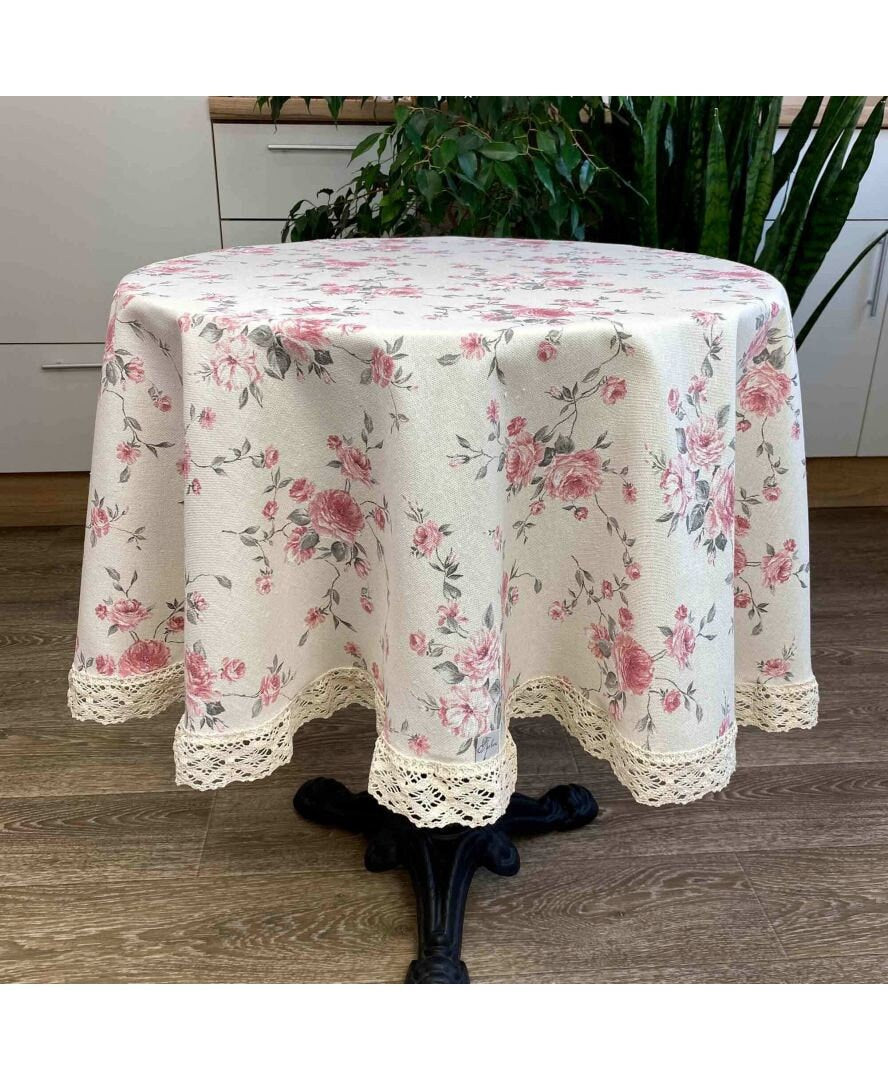 White Table Runner With English Roses Print And Lace Edging | Country Kitchen Textile Set, Home Decor