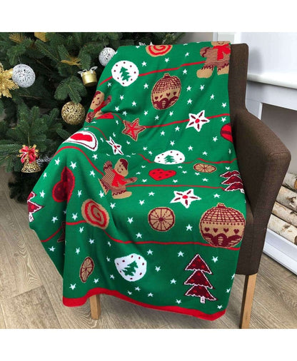 Green Knitted Blanket With Gingerbread Man Pattern | Festive Home Decor, Living Room Throw, Winter Holidays Present Idea For Family