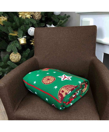 Green Knitted Blanket With Gingerbread Man Pattern | Festive Home Decor, Living Room Throw, Winter Holidays Present Idea For Family