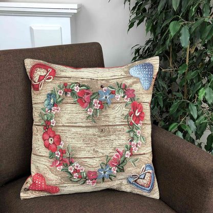 Tapestry Pillowcase With Heart Wreath Of Flowers And Wooden Print | Festive Home Decoration Set, Present Idea For Family