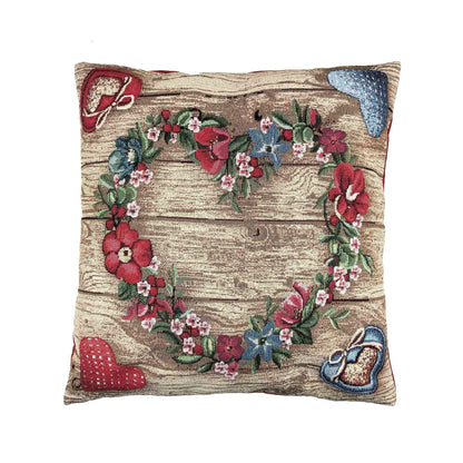 Tapestry Pillowcase With Heart Wreath Of Flowers And Wooden Print | Festive Home Decoration Set, Present Idea For Family