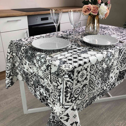 White And Black Tablecloth With Monochrome, Geometric, Ornamental Pattern | Festive Home Decor, Kitchen Textile Set, Gift Idea.