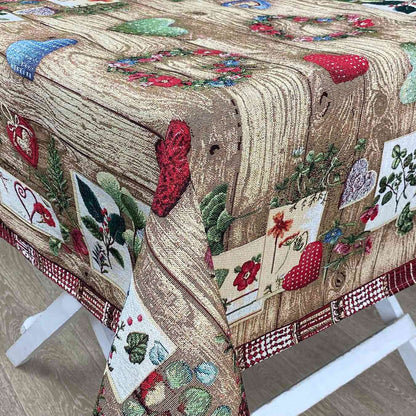 Brown Tapestry Tablecloth With Wooden, Roses, Hearts Pattern | Kitchen, Living Room, Home Decor, Festive Textile Set