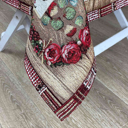 Brown Tapestry Tablecloth With Wooden, Roses, Hearts Pattern | Kitchen, Living Room, Home Decor, Festive Textile Set