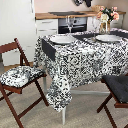 White And Black Tablecloth With Monochrome, Geometric, Ornamental Pattern | Festive Home Decor, Kitchen Textile Set, Gift Idea.