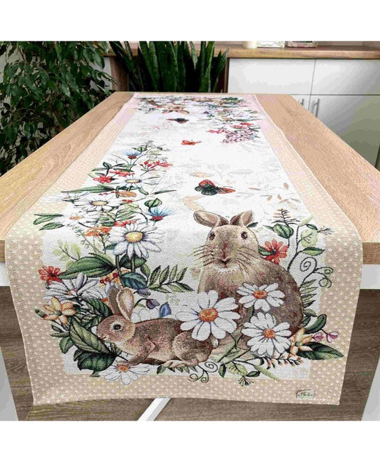 Beige Tapestry Table Runner With Rabbits, Hares And Flowers Pattern | Kitchen, Living Room Festive Home Decor, Housewarming Present Idea.