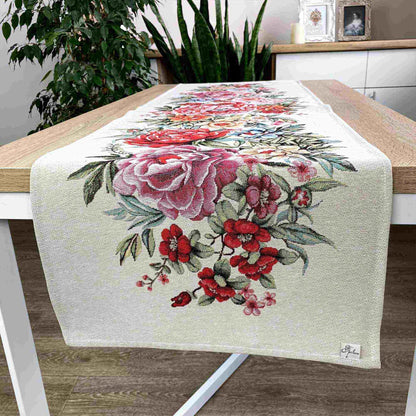 Tapestry Table Runner With Big Flowers Pattern | Floral Festive Kitchen, Living Room Textile, Friends And Family Gift Idea