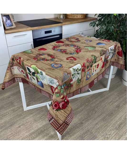 Brown Tapestry Tablecloth With Wooden, Roses, Hearts Pattern | Kitchen, Living Room, Home Decor, Festive Textile Set