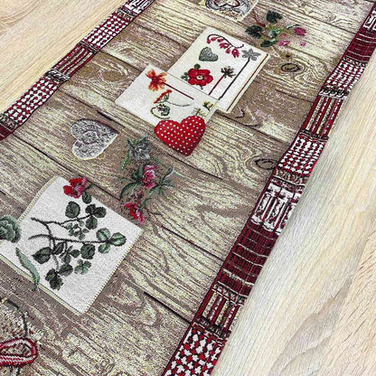 Tapestry Table Runner With Roses, Hearts, Wooden Pattern | Festive Kitchen And Living Room Textile Set, Housewarming Gift Idea
