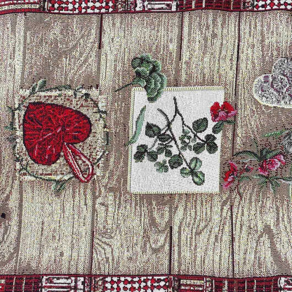 Tapestry Table Runner With Roses, Hearts, Wooden Pattern | Festive Kitchen And Living Room Textile Set, Housewarming Gift Idea