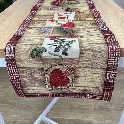 Tapestry Table Runner With Roses, Hearts, Wooden Pattern | Festive Kitchen And Living Room Textile Set, Housewarming Gift Idea