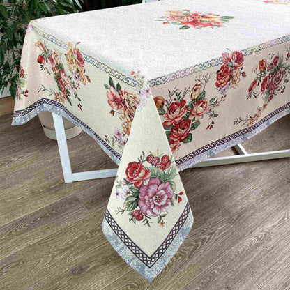 Silver Tapestry Tablecloth With Roses Pattern | Kitchen And Living Room Textile Set, Festive Table Linens, Present Idea.