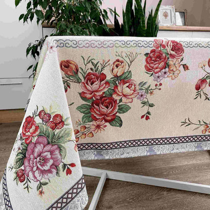Silver Tapestry Tablecloth With Roses Pattern | Kitchen And Living Room Textile Set, Festive Table Linens, Present Idea.