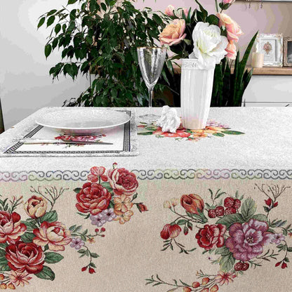 Silver Tapestry Tablecloth With Roses Pattern | Kitchen And Living Room Textile Set, Festive Table Linens, Present Idea.