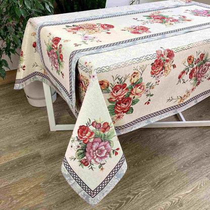 Silver Tapestry Tablecloth With Roses Pattern | Kitchen And Living Room Textile Set, Festive Table Linens, Present Idea.