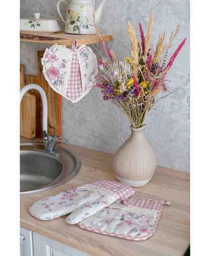 English Roses Cotton Kitchen Apron, Potholder And Oven Mitten With Lace | French Style Floral Textile Set, Housewarming Gift