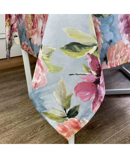 Blue Cotton Tablecloth With Big Pink Peonies Print | Festive Home Decoration, Kitchen, Living Room Textile, Gift Idea.