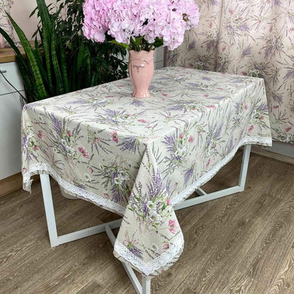 Cotton Tablecloth With Lavender Print And Lace Edging | Floral, Festive Kitchen Textile Set, Home Decor, Housewarming Present Idea