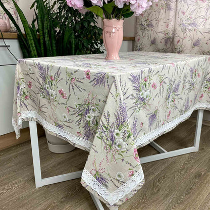 Cotton Tablecloth With Lavender Print And Lace Edging | Floral, Festive Kitchen Textile Set, Home Decor, Housewarming Present Idea