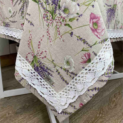 Cotton Tablecloth With Lavender Print And Lace Edging | Floral, Festive Kitchen Textile Set, Home Decor, Housewarming Present Idea