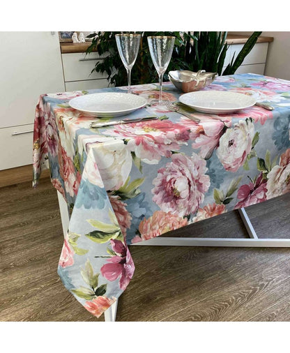 Blue Cotton Tablecloth With Big Pink Peonies Print | Festive Home Decoration, Kitchen, Living Room Textile, Gift Idea.