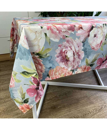 Blue Cotton Tablecloth With Big Pink Peonies Print | Festive Home Decoration, Kitchen, Living Room Textile, Gift Idea.