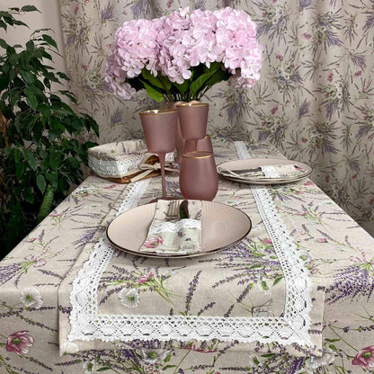 Cotton Tablecloth With Lavender Print And Lace Edging | Floral, Festive Kitchen Textile Set, Home Decor, Housewarming Present Idea