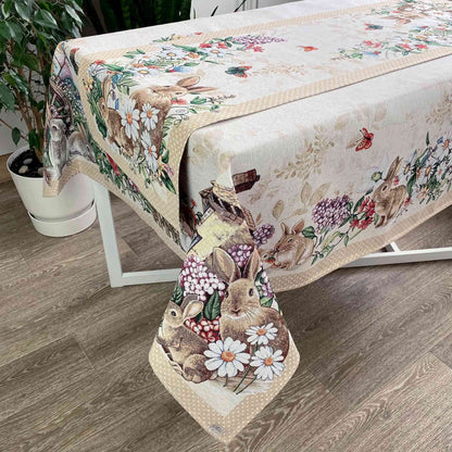 Beige Tapestry Tablecloth With Rabbits And Flowers Pattern | Kitchen And Living Room Textile Set, Festive Home Decor, Present Idea.
