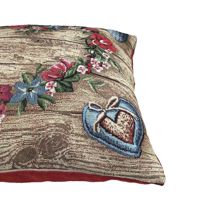 Tapestry Pillowcase With Heart Wreath Of Flowers And Wooden Print | Festive Home Decoration Set, Present Idea For Family