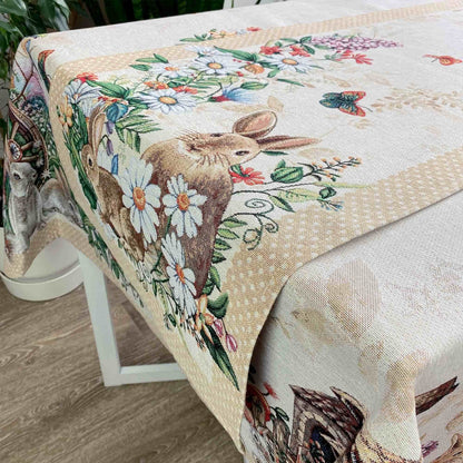 Beige Tapestry Table Runner With Rabbits, Hares And Flowers Pattern | Kitchen, Living Room Festive Home Decor, Housewarming Present Idea.