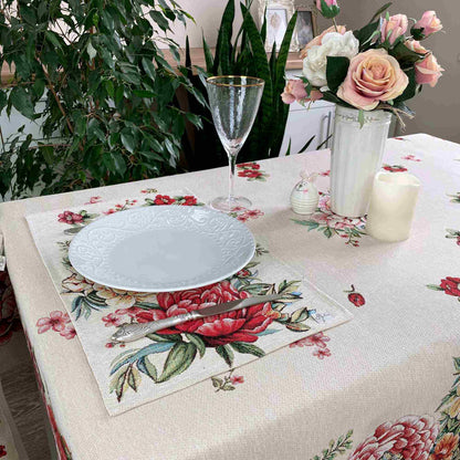 Set Of Four Beige Tapestry Placemats With Big Flowers Pattern | Festive Kitchen, Living Room Textile Set, Housewarming Present Idea