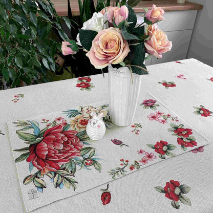 Set Of Four Beige Tapestry Placemats With Big Flowers Pattern | Festive Kitchen, Living Room Textile Set, Housewarming Present Idea