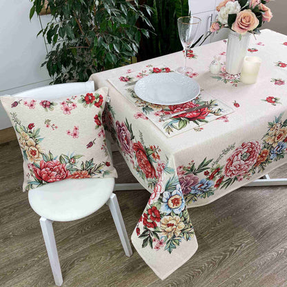 Set Of Four Beige Tapestry Placemats With Big Flowers Pattern | Festive Kitchen, Living Room Textile Set, Housewarming Present Idea