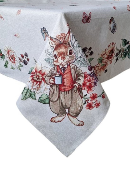 Tapestry Tablecloth With Rabbits, Hares Family And Flowers Pattern | Festive Home Decor And Textile, Housewarming, Family Present idea